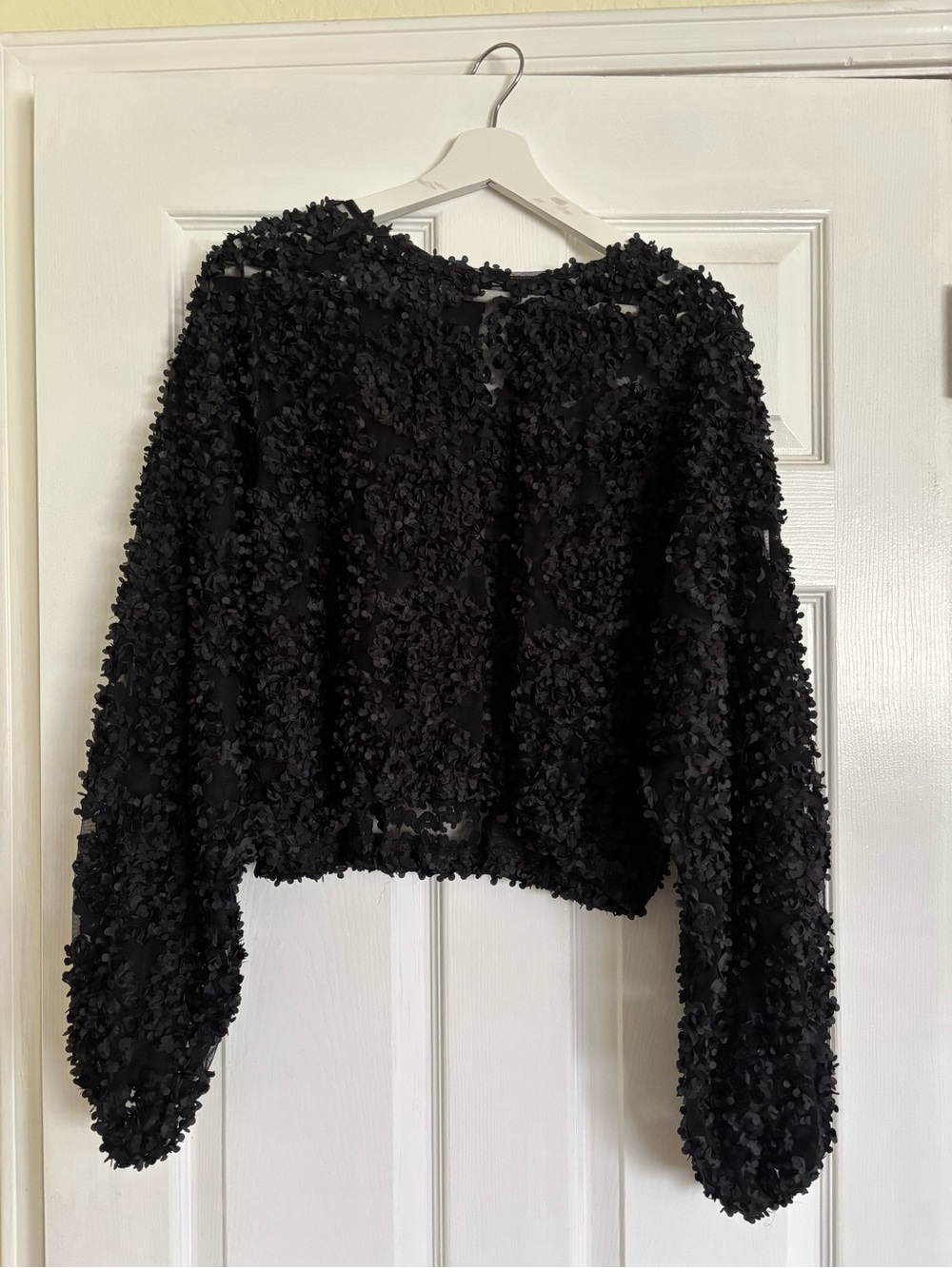 Zara Black Textured Floral-Embellished Long Sleeve Top